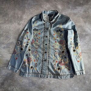 Denim & Co Embroidered Floral Denim Button Down Shirt Women's Large Cottagecore